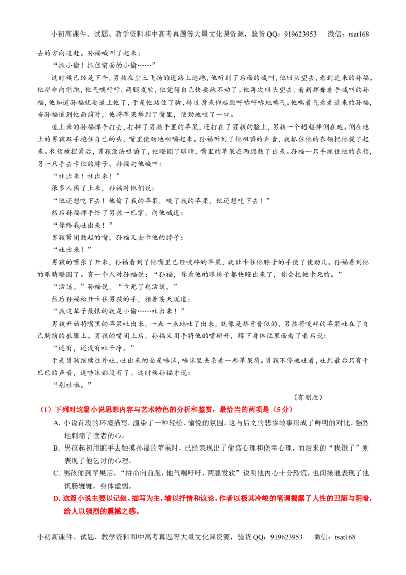 专题22小说阅读之人物主题（练）-2017年高考语文一轮复习讲练测（解析版）_高语_1高中语文_2017年高考语文一轮复习讲练测（全套打包174份）