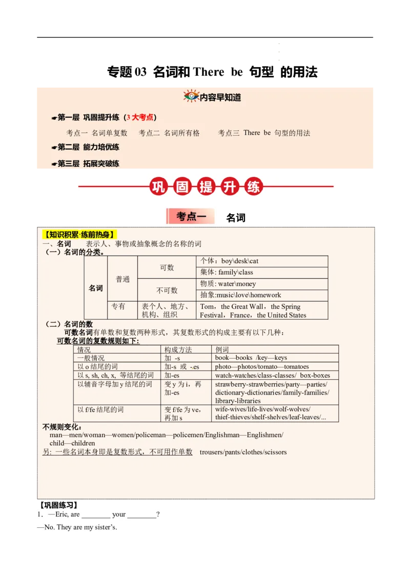 寒假作业03名词和Therebe句型（教师版）-2025年七年级英语寒假衔接_新人教版7下英语学习资料包_13.寒假班预习专项讲义_01-25春人教版英语七年级年级下册寒假衔接训练提升作业