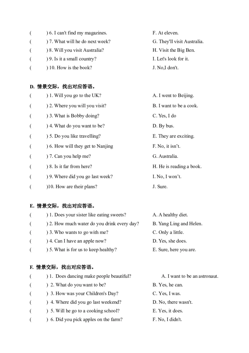 期末易错题分类汇编情景交际（提升篇）六年级下册_专项练习