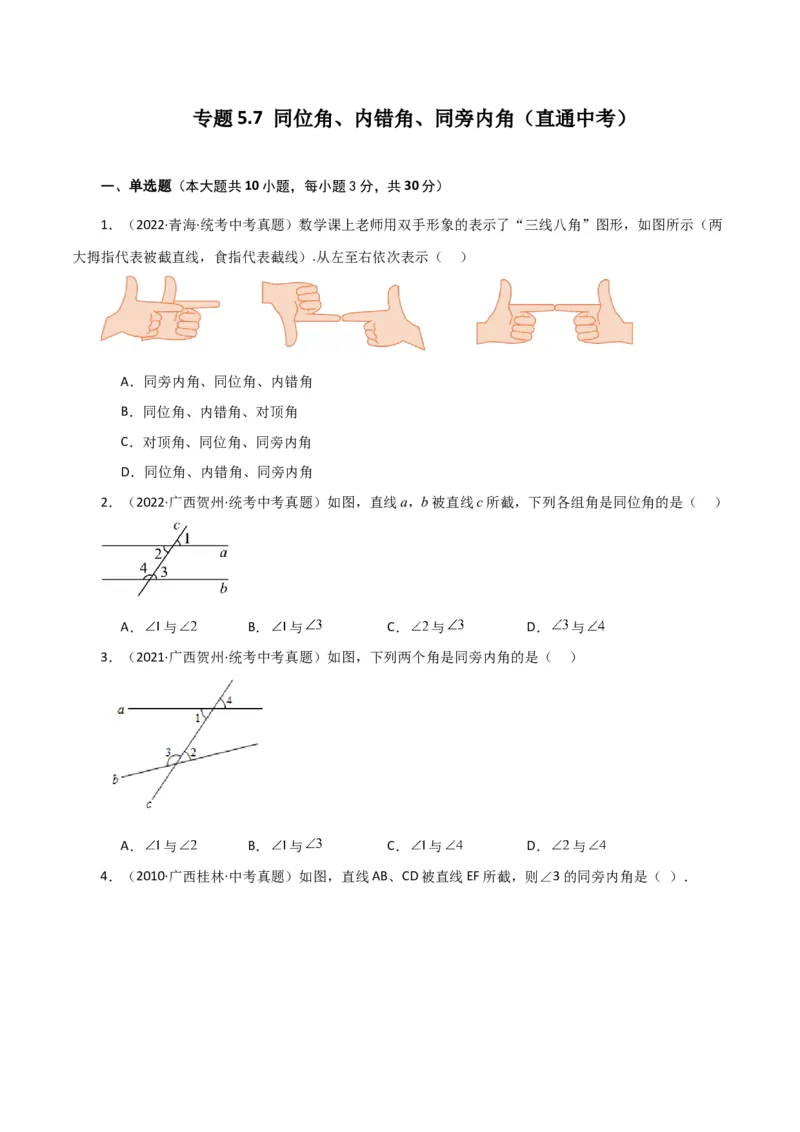 专题5.7同位角、内错角、同旁内角（直通中考）（人教版）_初中数学_七年级数学下册（人教版）_专题突破练习-V4