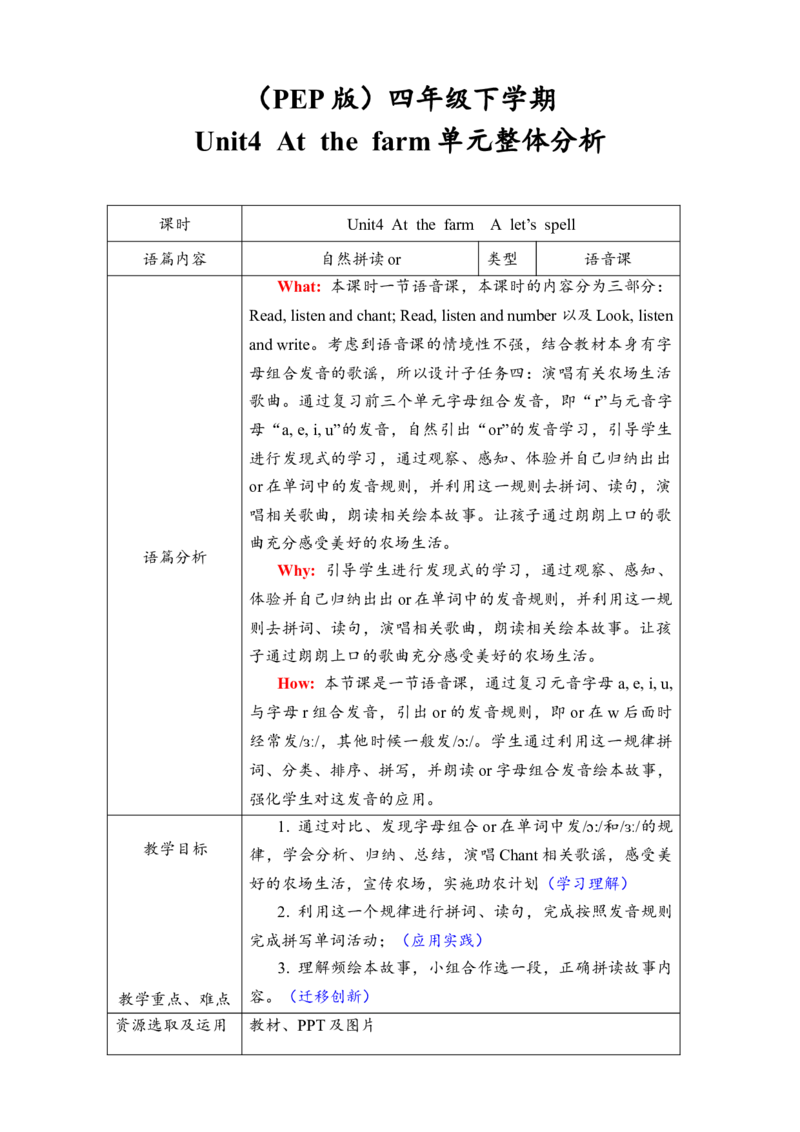 教案_2026春人教四下_29赠送其它资料_旧版四下资料包_大单元教学课件+教学设计-K58_Unit4_Unit4AtthefarmAlet'sspell