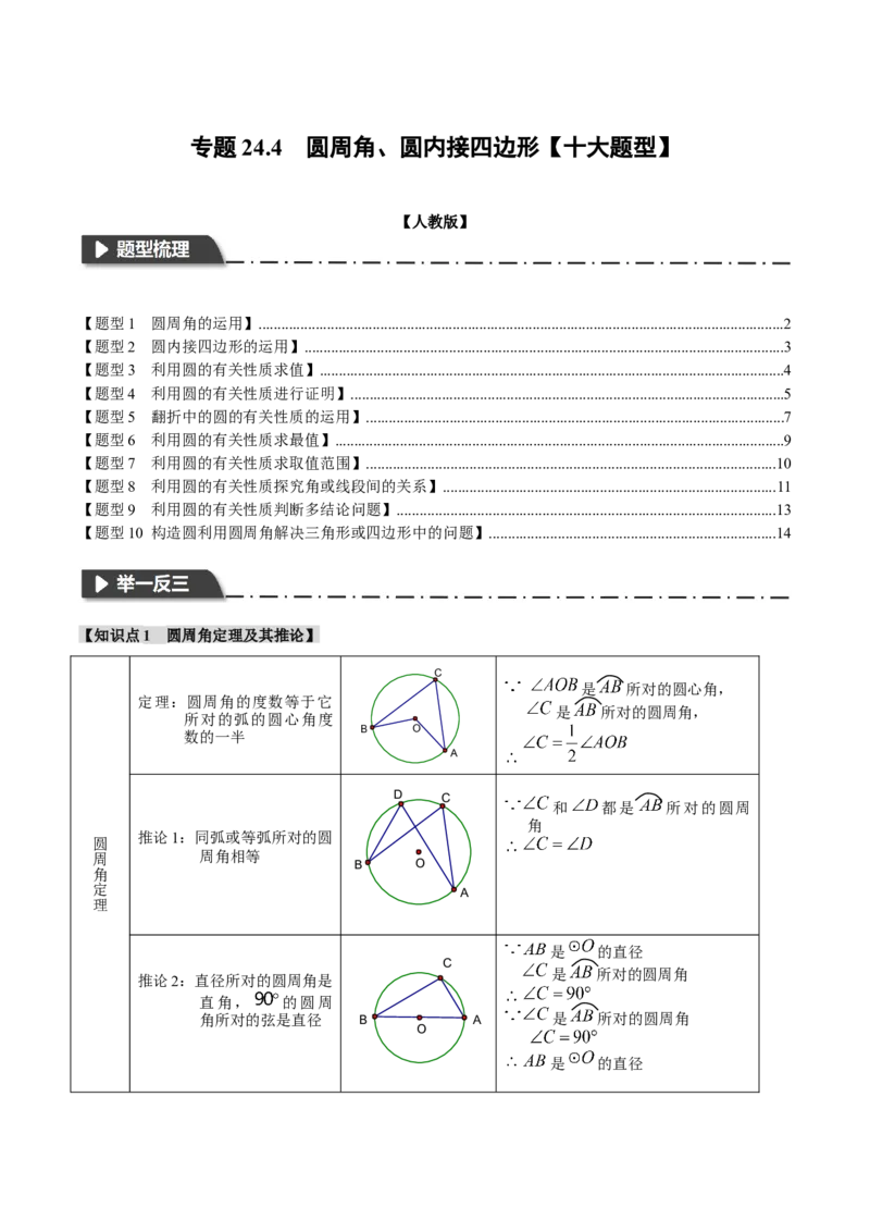 专题24.4圆周角、圆内接四边形（十大题型）（举一反三）（人教版）（学生版）_初中数学_九年级数学上册（人教版）_母题专项-U66_2024版