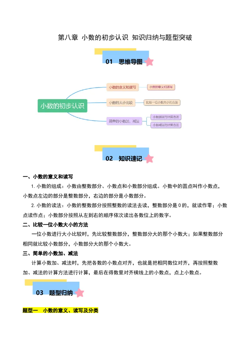 第八章小数的初步认识知识归纳与题型突破（教师版）-（苏教版）(1)_三年级数学下册（苏教版）_单元知识复习专项-K49_2025版