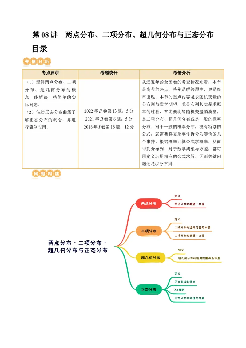 第08讲两点分布、二项分布、超几何分布与正态分布（十一大题型）（讲义）（原卷版）_2.2025数学总复习_2024年新高考资料_1.2024一轮复习_2024年高考数学一轮复习讲练测（新教材新高考）