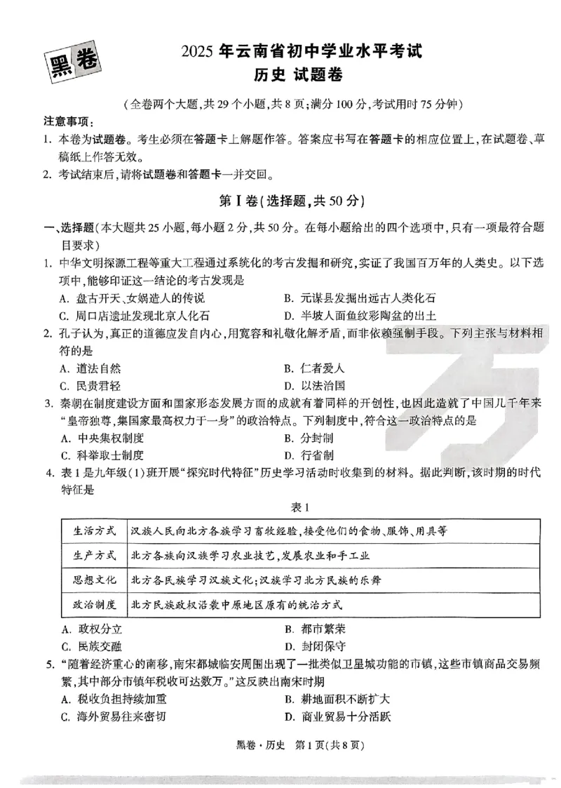 2025《万唯中考&bull;云南黑白卷》历史黑卷_初中资料合集_2025《万唯中考&bull;黑白卷》多地方版（更30省）_2025《万唯中考&bull;黑白卷》7科全套（云南）