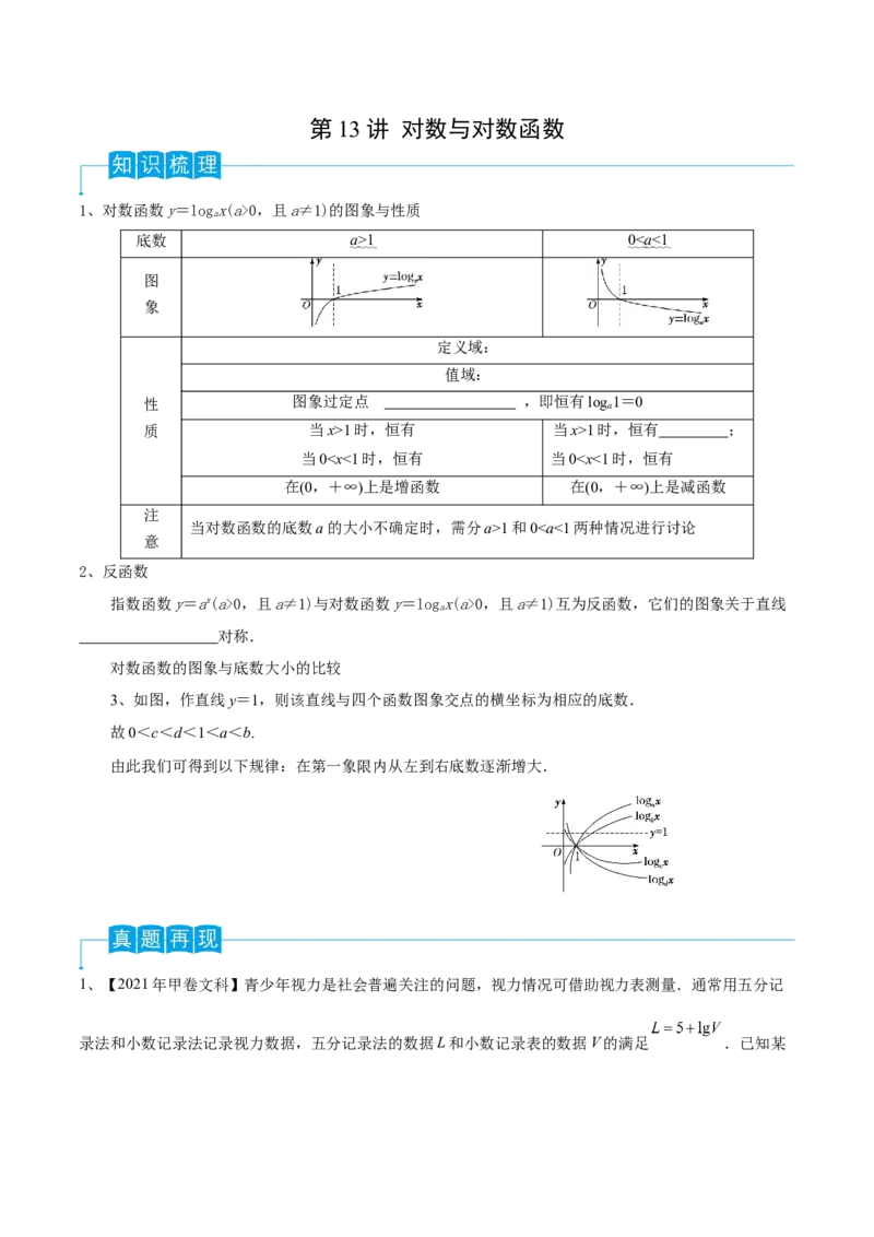 第13讲对数与对数函数（原卷版）_2.2025数学总复习_2024年新高考资料_1.2024一轮复习_2024年高考数学一轮复习精品导学案（新高考）