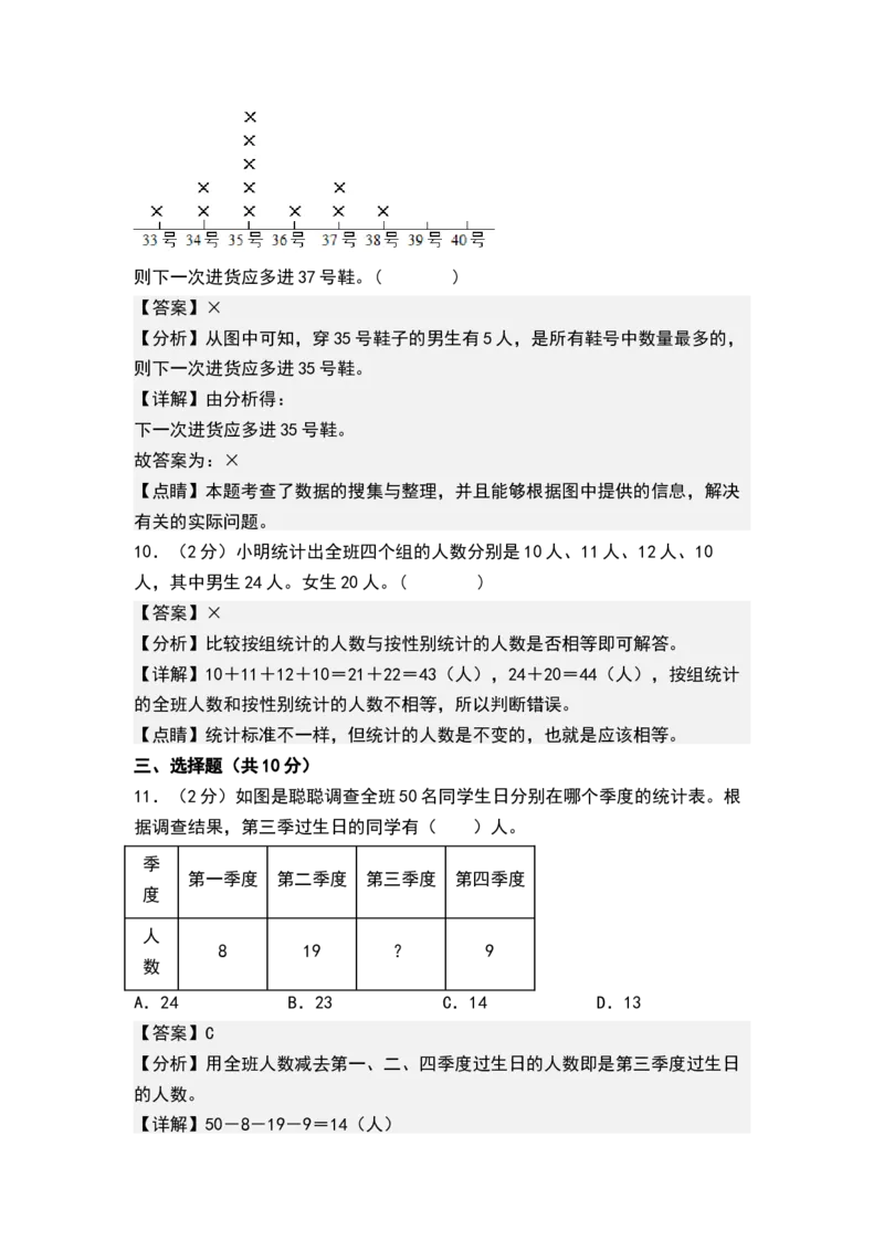 第九单元数据的收集和整理（二）（单元测试）-三年级数学下册（解析版）（苏教版）(1)_三年级数学下册（苏教版）_单元测试