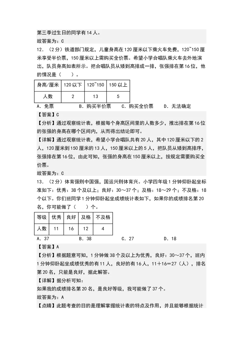 第九单元数据的收集和整理（二）（单元测试）-三年级数学下册（解析版）（苏教版）(1)_三年级数学下册（苏教版）_单元测试