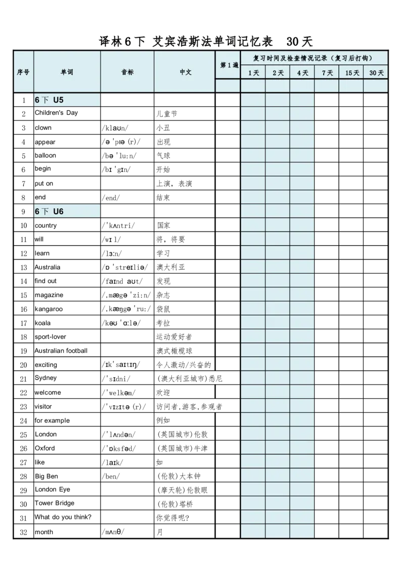 30天单词记忆表_单词默写