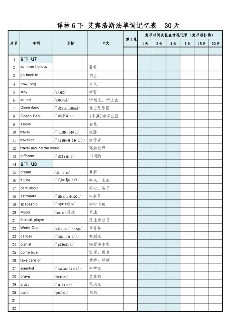 30天单词记忆表_单词默写