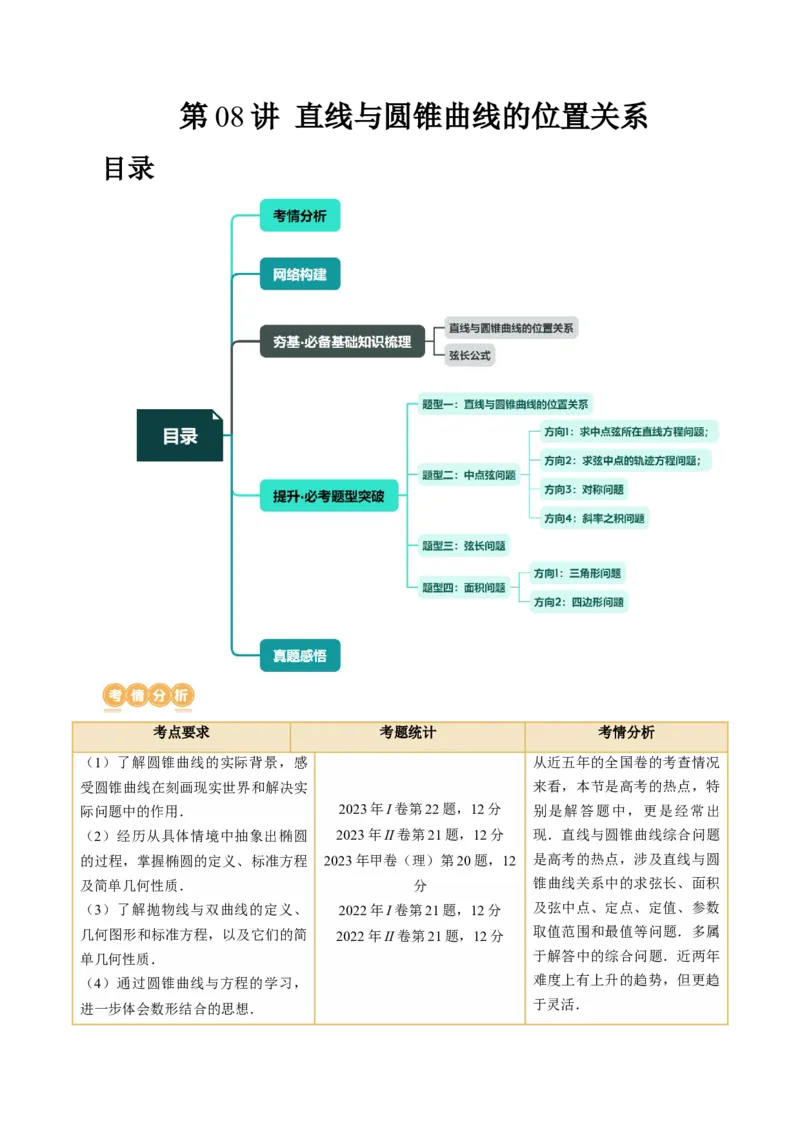 第08讲直线与圆锥曲线的位置关系（四大题型6个方向）（讲义）（原卷版）_2.2025数学总复习_2024年新高考资料_1.2024一轮复习_2024年高考数学一轮复习讲练测（新教材新高考）