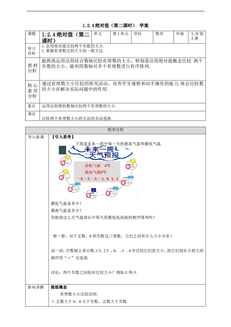 1.2.4绝对值（第二课时）学案_初中数学人教版_7上-初中数学人教版_7上-初中数学人教版（旧版）赠送_01课件+教案（配套）_01课件+教案+学案（新课标）_学案
