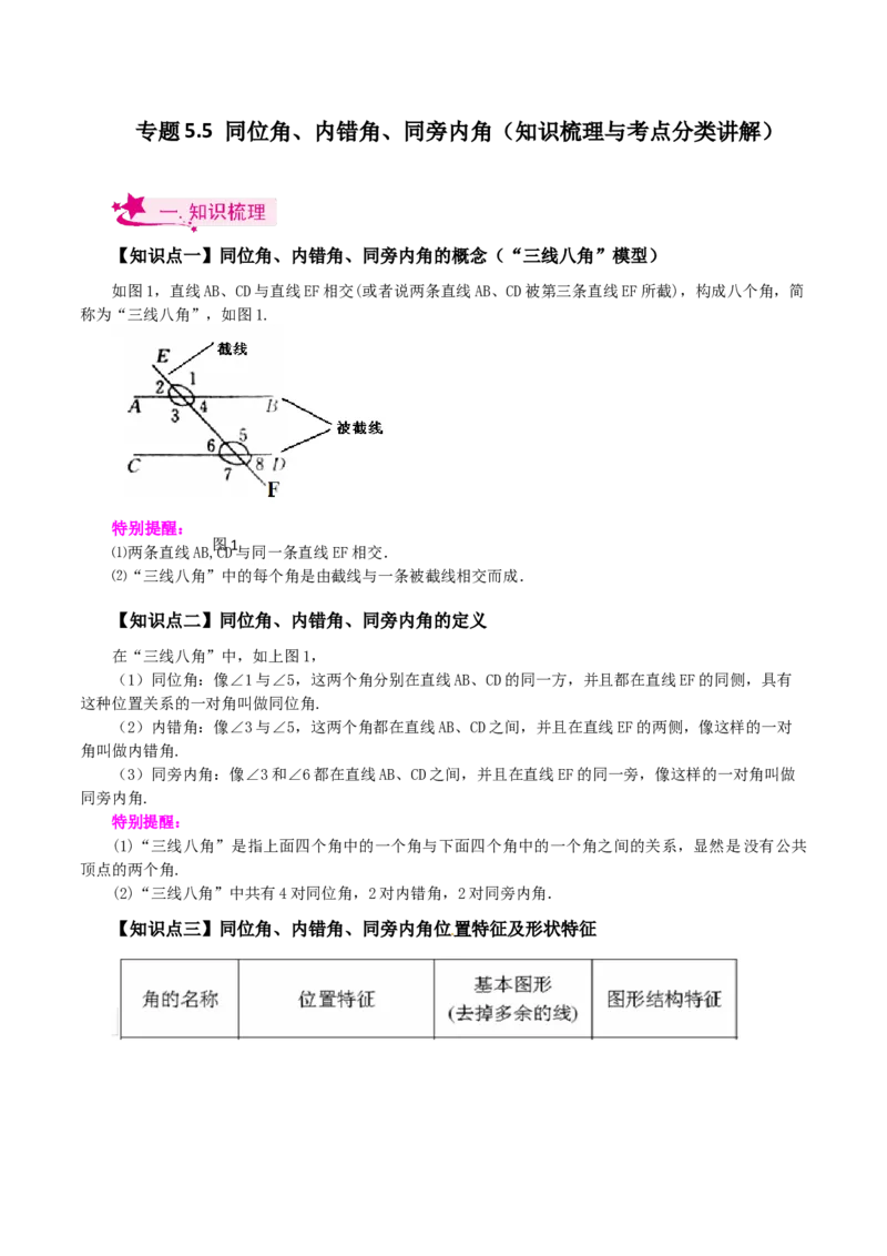 专题5.5同位角、内错角、同旁内角（知识梳理与考点分类讲解）（人教版）_初中数学_七年级数学下册（人教版）_专题突破练习-V4