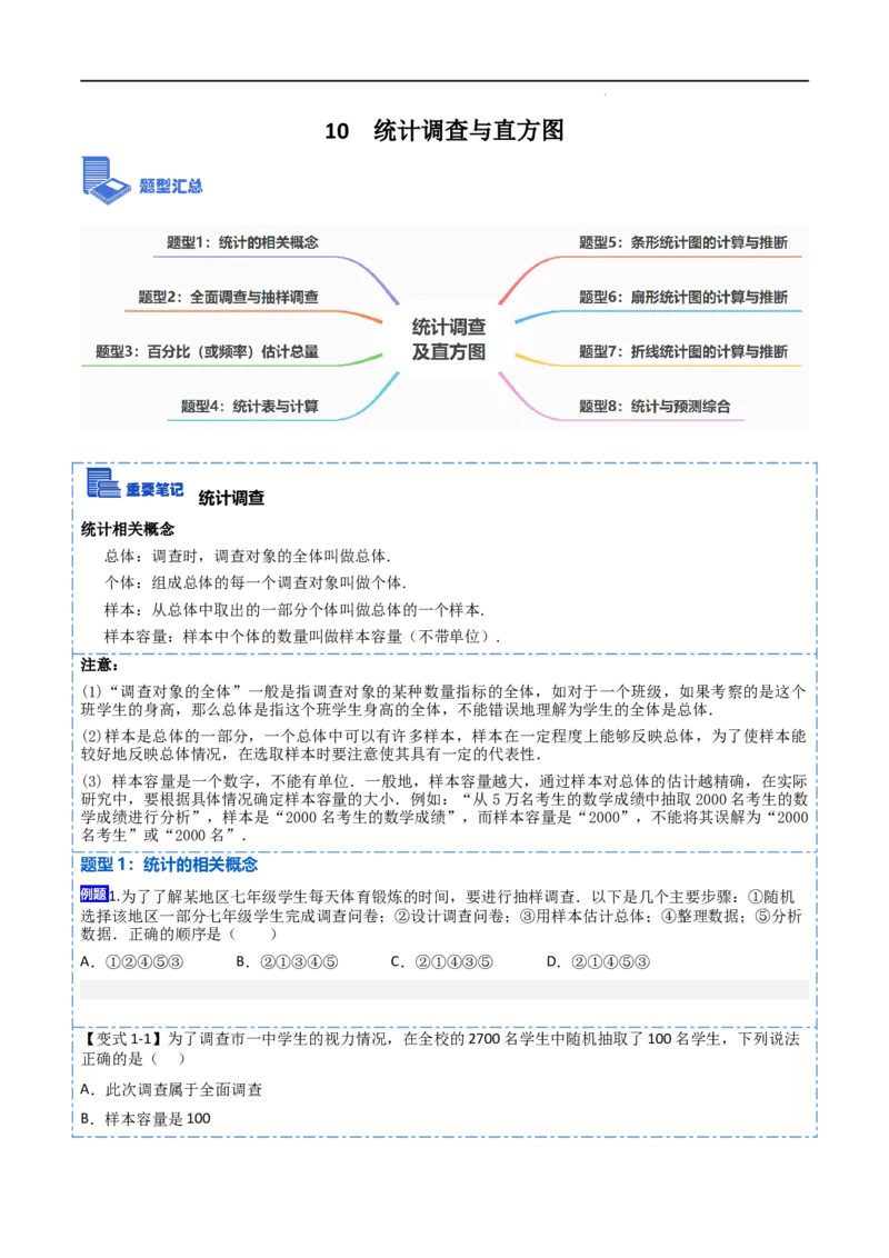 10统计调查及直方图八大题型（原卷版）_初中数学人教版_7下-初中数学人教版_7下-初中数学人教版（旧版）赠送_07专项讲练