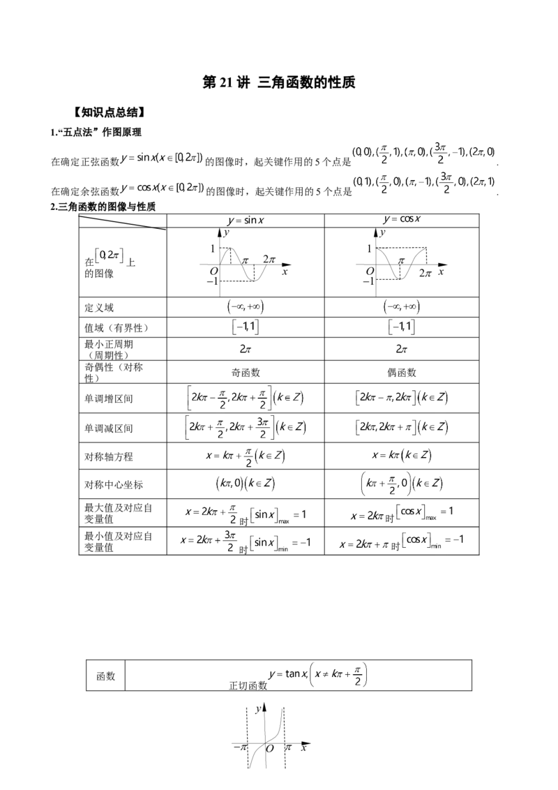 第21讲三角函数的性质（原卷版）_2.2025数学总复习_赠品通用版（老高考）复习资料_一轮复习_通用版2023届数学高考一轮教案（Word版，含解析）
