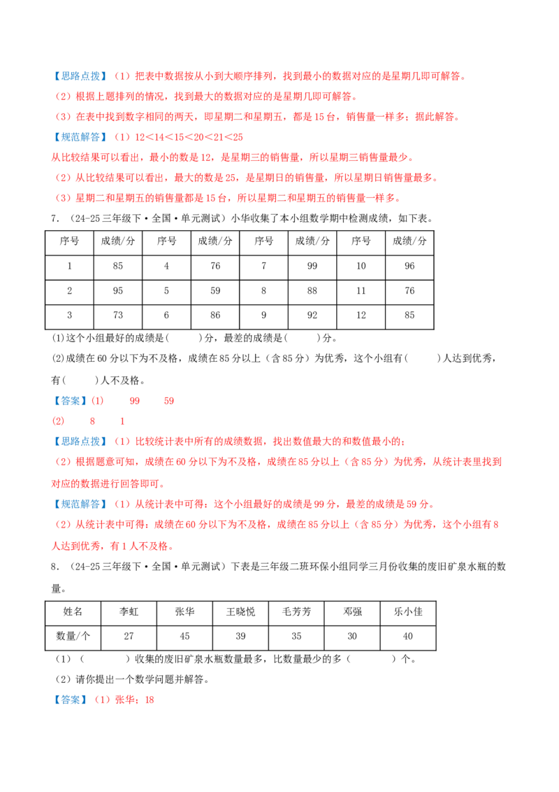 第九讲数据的收集和整理(二)（导图+知识精讲+易错点拨+2个考点讲练+难度分层练共28题）-（教师版）_三年级数学下册（苏教版）_母题专项练习-K36_2025版