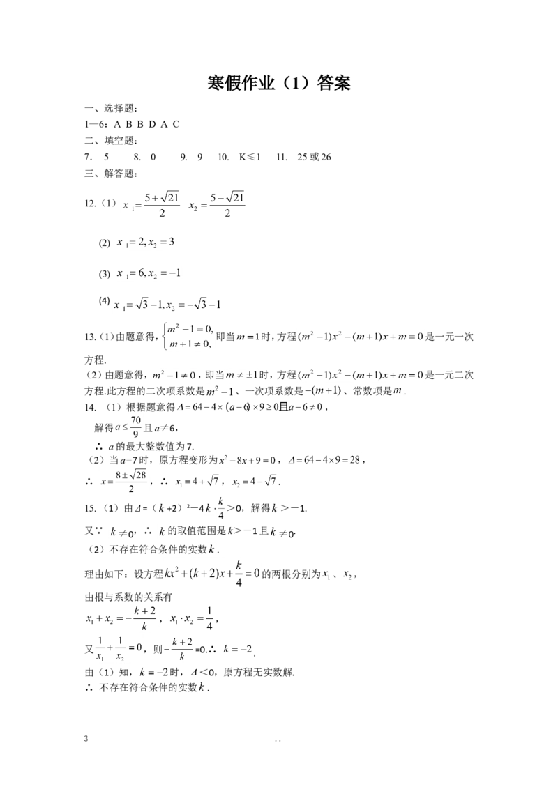 寒假作业2_初中数学_九年级数学上册（人教版）_专题练习_寒假作业