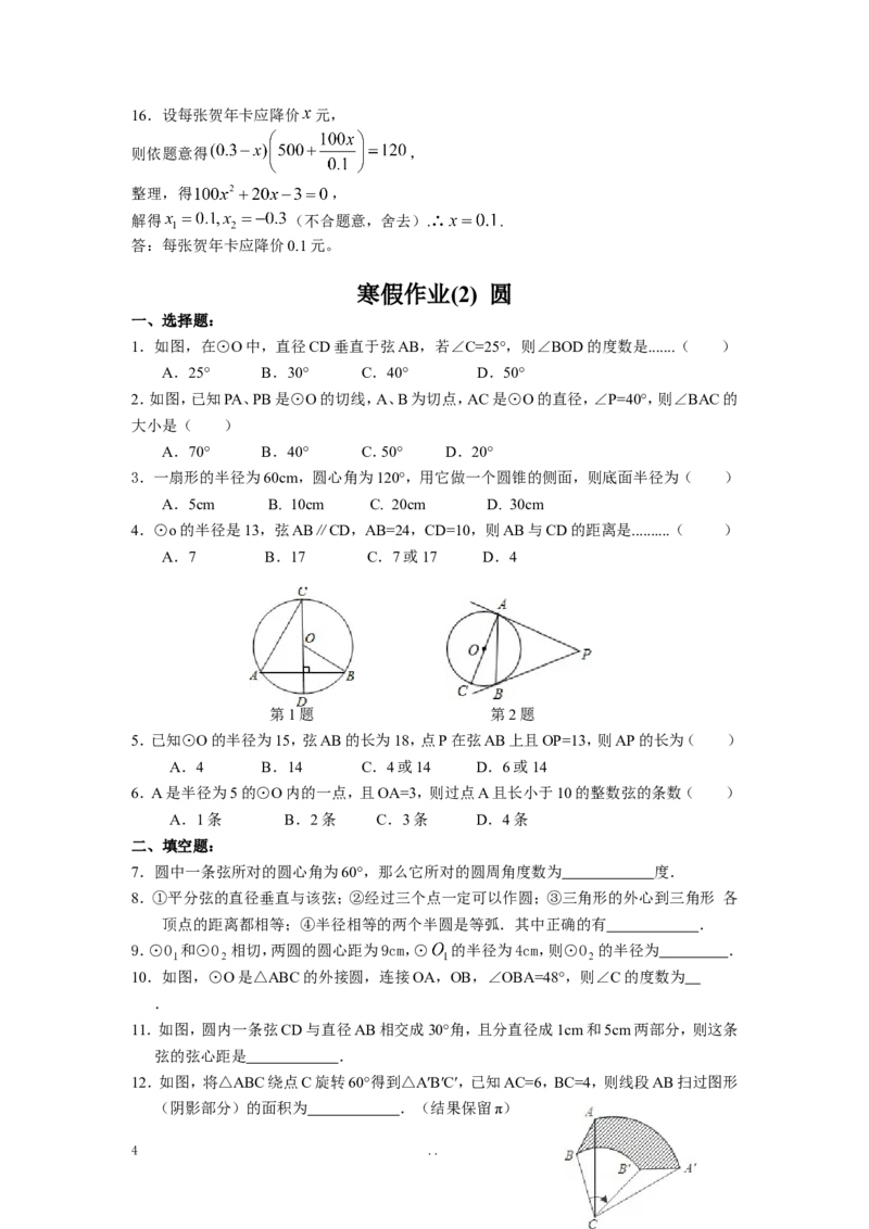 寒假作业2_初中数学_九年级数学上册（人教版）_专题练习_寒假作业