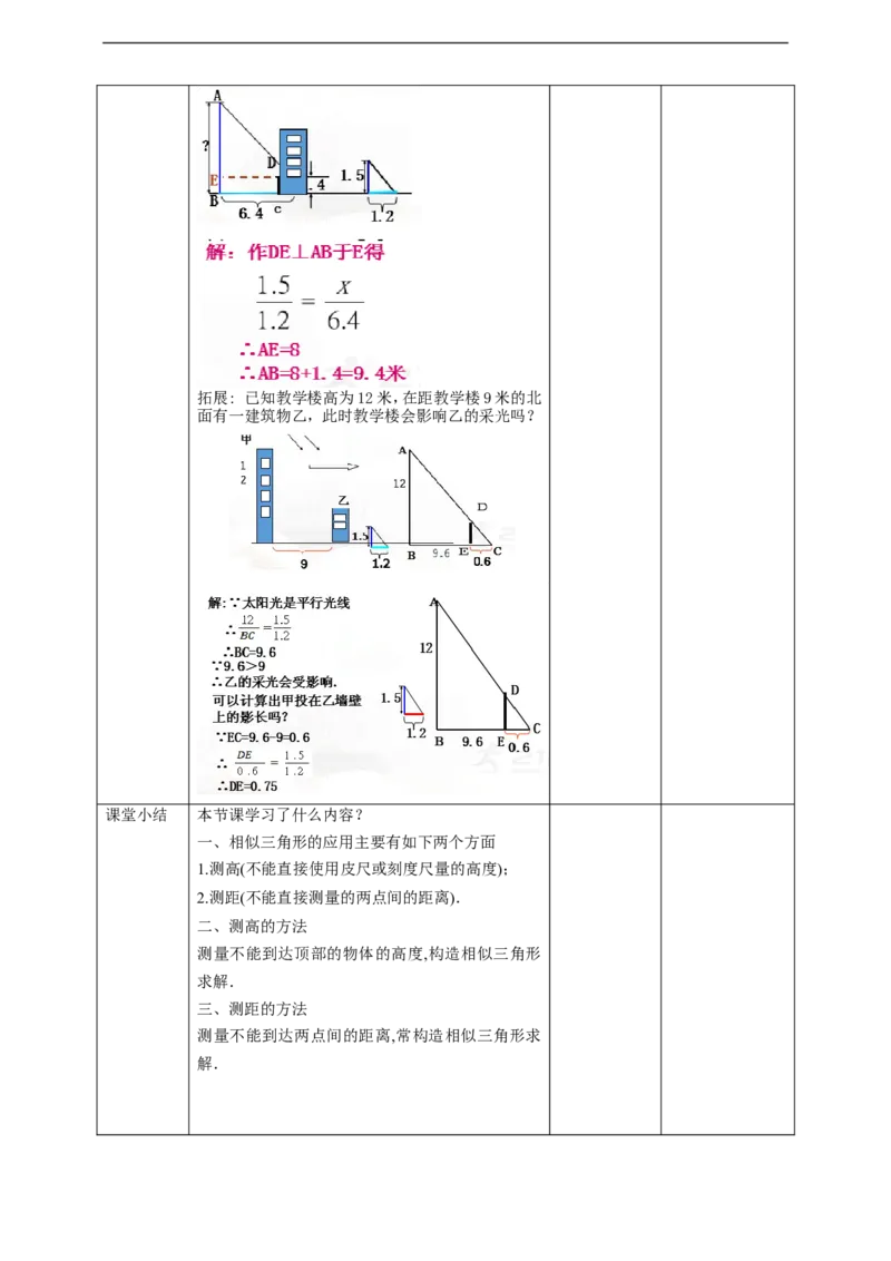 27.2.3　相似三角形应用举例教案_初中数学人教版_9下-初中数学人教版_01课件+教案（配套）_课件+教案+学案（配套版）