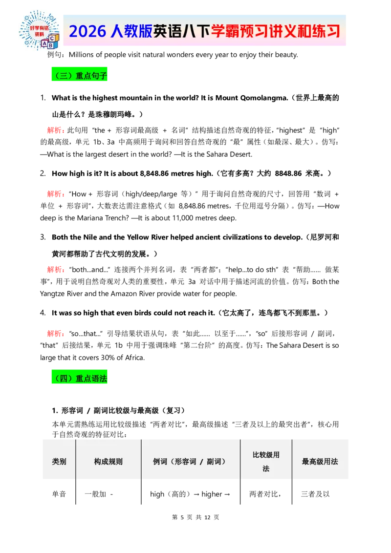 2026人教英语八下讲义和练习Unit4_2026春新人教版八下_16讲义与同步练习带答案U1-U4