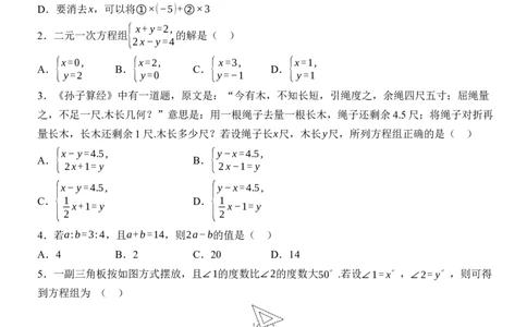 [22004335]第十章二元一次方程组质量评估（含答案）2024-2025学年数学人教版七年级下册_初中数学人教版_7下-初中数学人教版_7下-初中数学人教版（2025春季新版）持续更新_05习题试卷_第1套