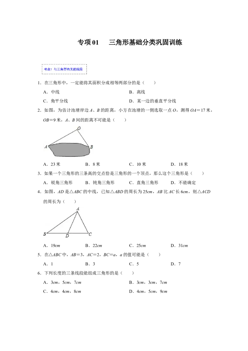 专项01三角形基础分类巩固训练（原卷版）_初中数学人教版_8上-初中数学人教版_旧版_07专项讲练_高分突破必练专题八年级数学上册（人教版）