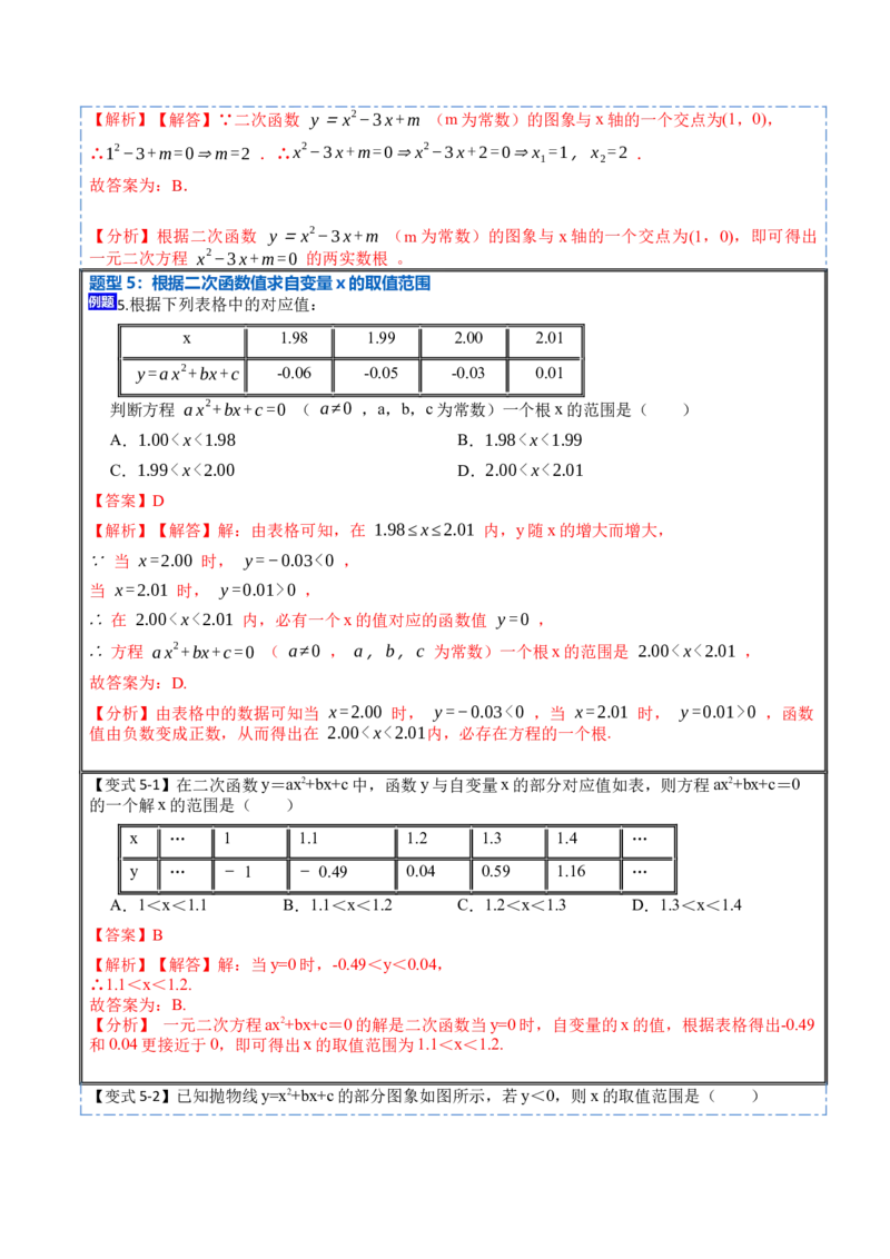 22.2用函数观点看一元二次方程(讲+练)10种题型-2023考点题型精讲（解析版）_初中数学人教版_9上-初中数学人教版_07专项讲练_重要笔记九年级数学上册重要考点精讲精练(人教版)