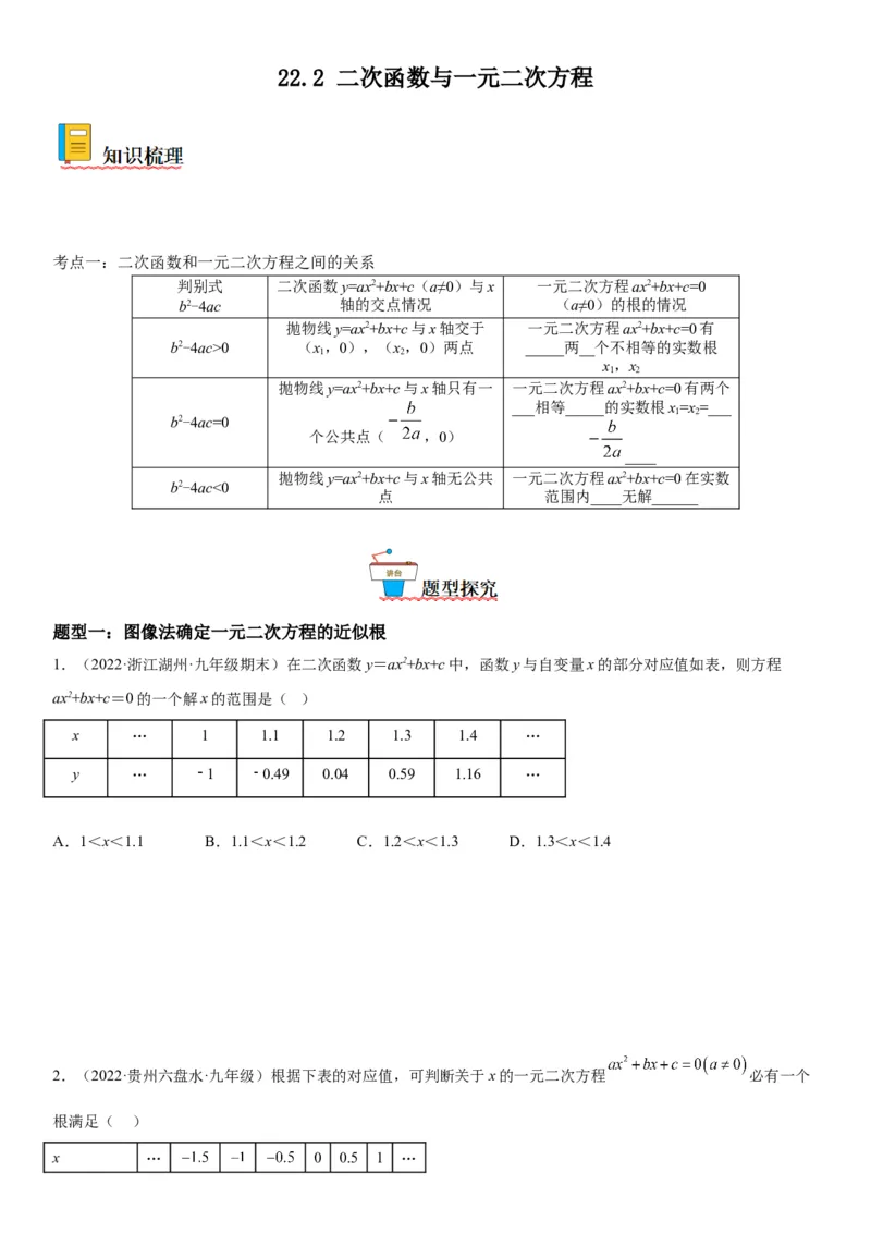 22.2二次函数与一元二次方程-2022-2023学年九年级数学上册《考点&bull;题型&bull;技巧》精讲与精练高分突破（人教版）_初中数学人教版_9上-初中数学人教版_07专项讲练