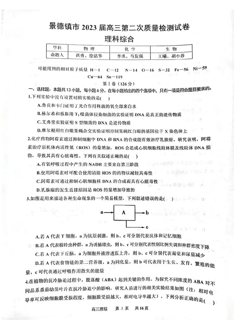 2023届江西省景德镇市高三上学期二模理综试题_05高考化学_高考模拟题_全国课标版