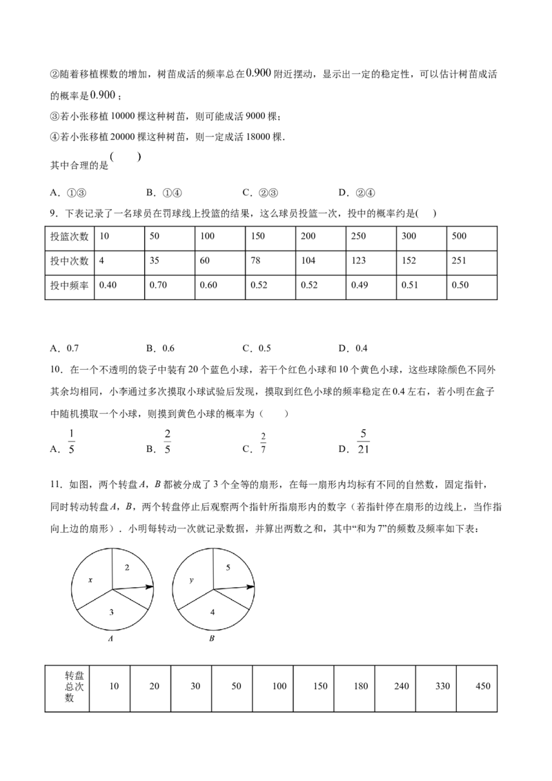 25.3用频率估计概率(基础训练)(原卷版)_初中数学人教版_9上-初中数学人教版_06习题试卷_1同步练习_同步练习（第2套）