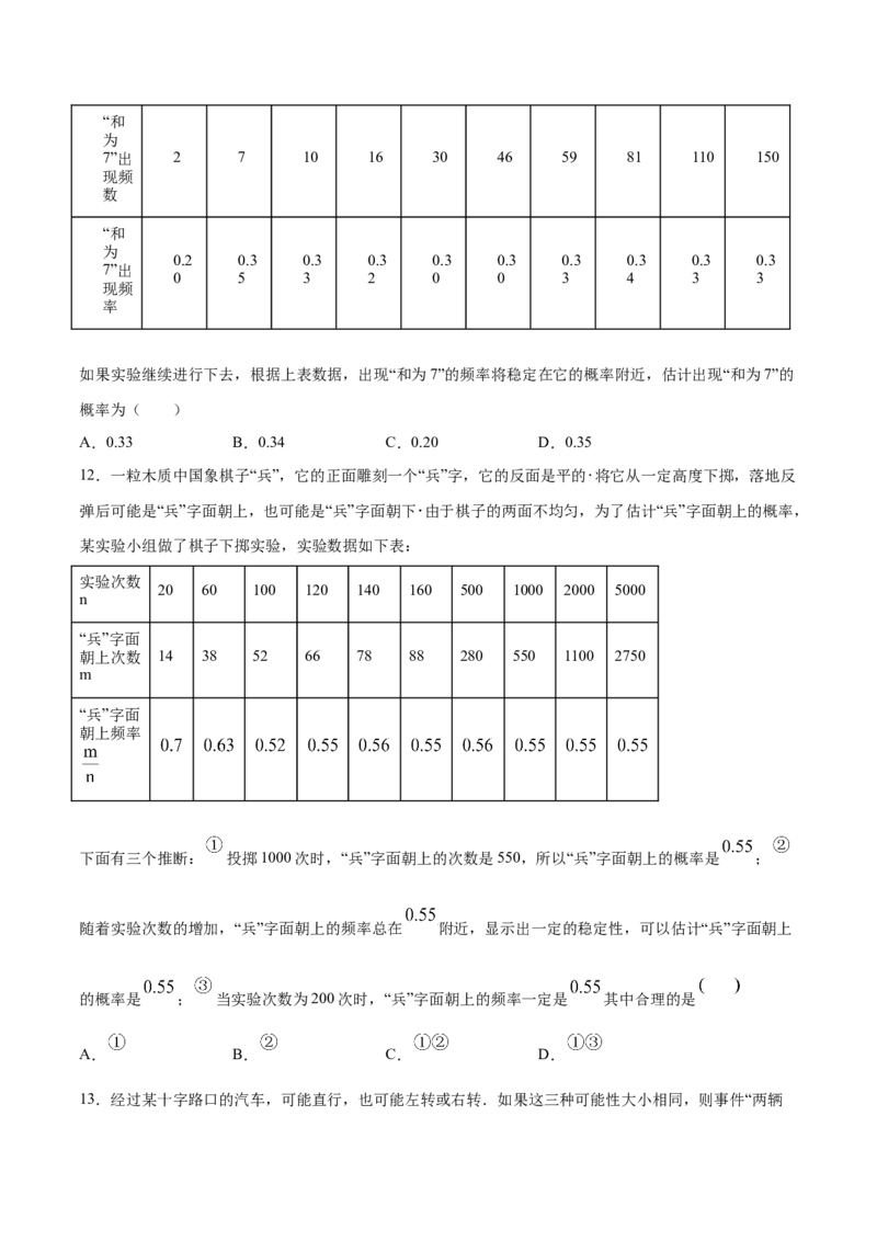 25.3用频率估计概率(基础训练)(原卷版)_初中数学人教版_9上-初中数学人教版_06习题试卷_1同步练习_同步练习（第2套）