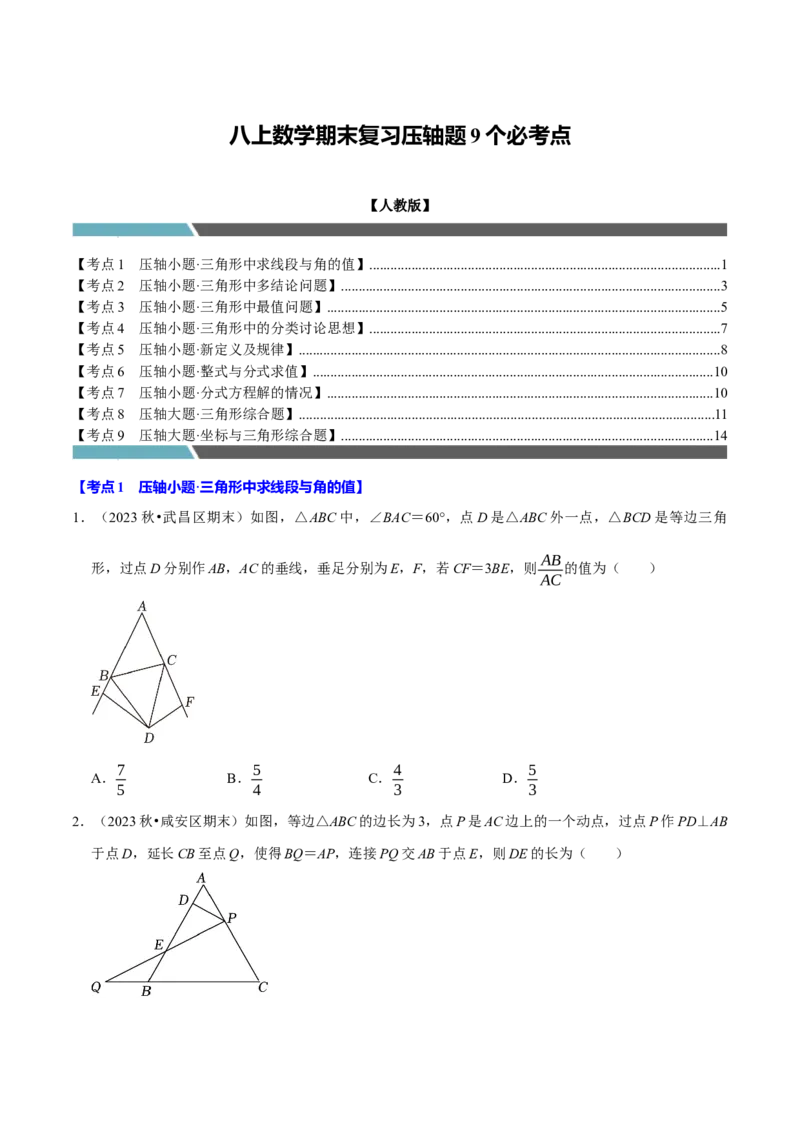 八年级数学上册期末复习压轴题9个必考点（必考点分类集训）（人教版）（学生版）_初中数学_八年级数学上册（人教版）_考点分类必刷题-U181