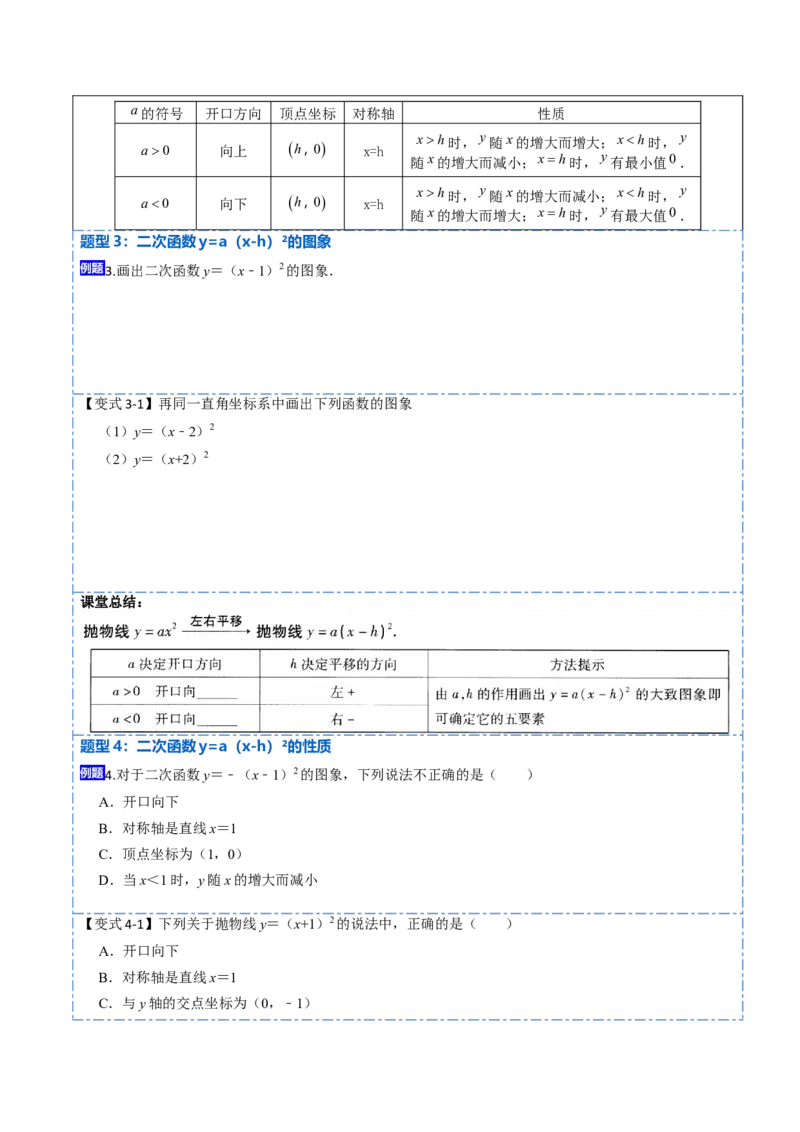 22.1.3二次函数y=a（x-h）&sup2;+k的图像和性质(讲+练)10种题型-2023考点题型精讲（原卷版）_初中数学人教版_9上-初中数学人教版_07专项讲练