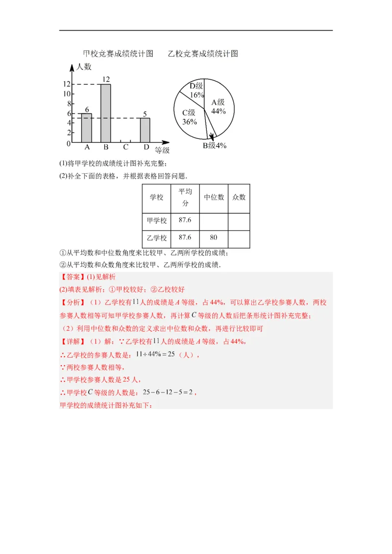 20.1.3中位数和众数（1）分层作业（解析版）_初中数学人教版_八年级数学下册_保存转存之后查看(1)_8下-初中数学人教版（2026春新版持续更新）_旧版-可参考_06习题试卷_1同步练习