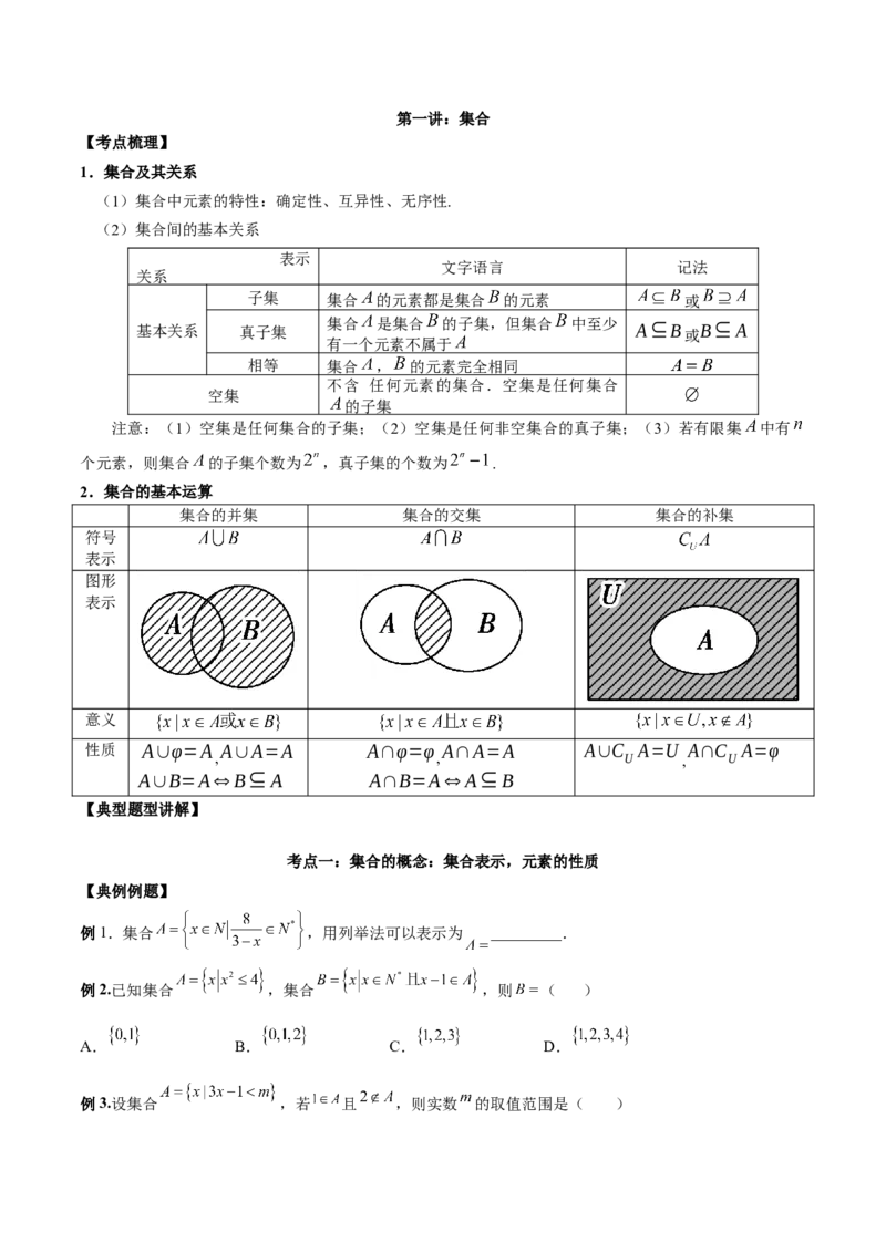 第一讲集合讲义原卷版_2.2025数学总复习_2023年新高考资料_二轮复习_2023届高考数学二轮复习讲义（含解析）_2023届高考数学二轮复习讲义&mdash;&mdash;第一讲集合（含解析）