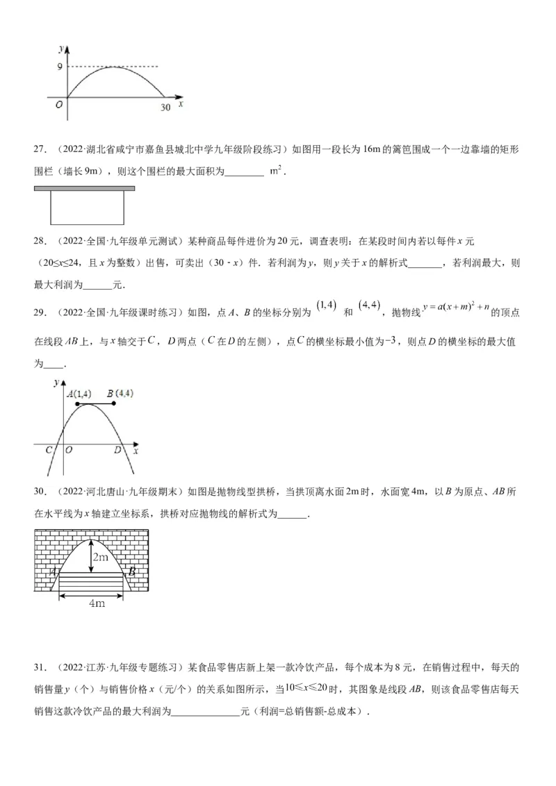 22.3实际问题与二次函数-2022-2023学年九年级数学上册《考点&bull;题型&bull;技巧》精讲与精练高分突破（人教版）_初中数学人教版_9上-初中数学人教版_07专项讲练