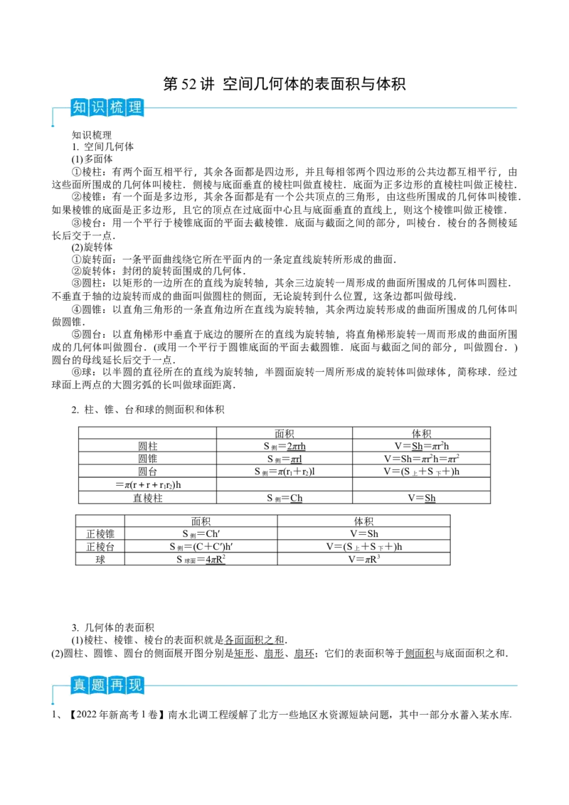 第52讲空间几何体的表面积与体积（解析版）_2.2025数学总复习_2024年新高考资料_1.2024一轮复习_2024年高考数学一轮复习精品导学案（新高考）