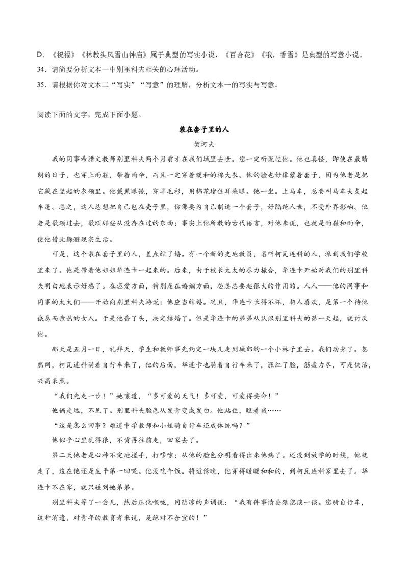 第13.2课装在套子里的人(1)（教师版）_高语_高中语文_必修下册_同步讲义