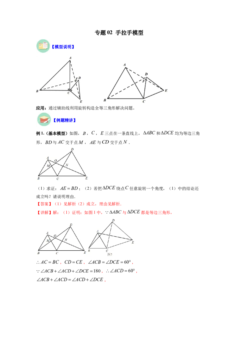 专题02手拉手模型（解析版）_初中数学人教版_8上-初中数学人教版_旧版_07专项讲练_八年级数学上册全等三角形基本模型探究（人教版）