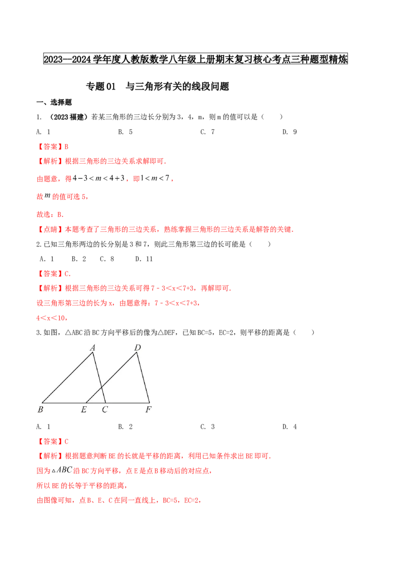 专题01与三角形有关的线段问题（解析版）_初中数学人教版_8上-初中数学人教版_旧版_06习题试卷_6期中期末复习专题
