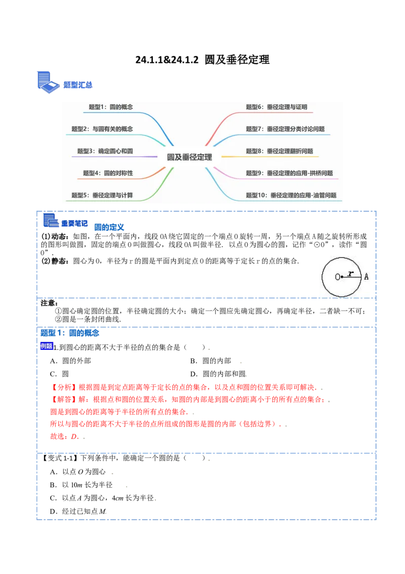24.1.1&24.1.2圆及垂径定理（10大题型）-2023考点题型精讲（解析版）_初中数学人教版_9上-初中数学人教版_07专项讲练_重要笔记九年级数学上册重要考点精讲精练(人教版)