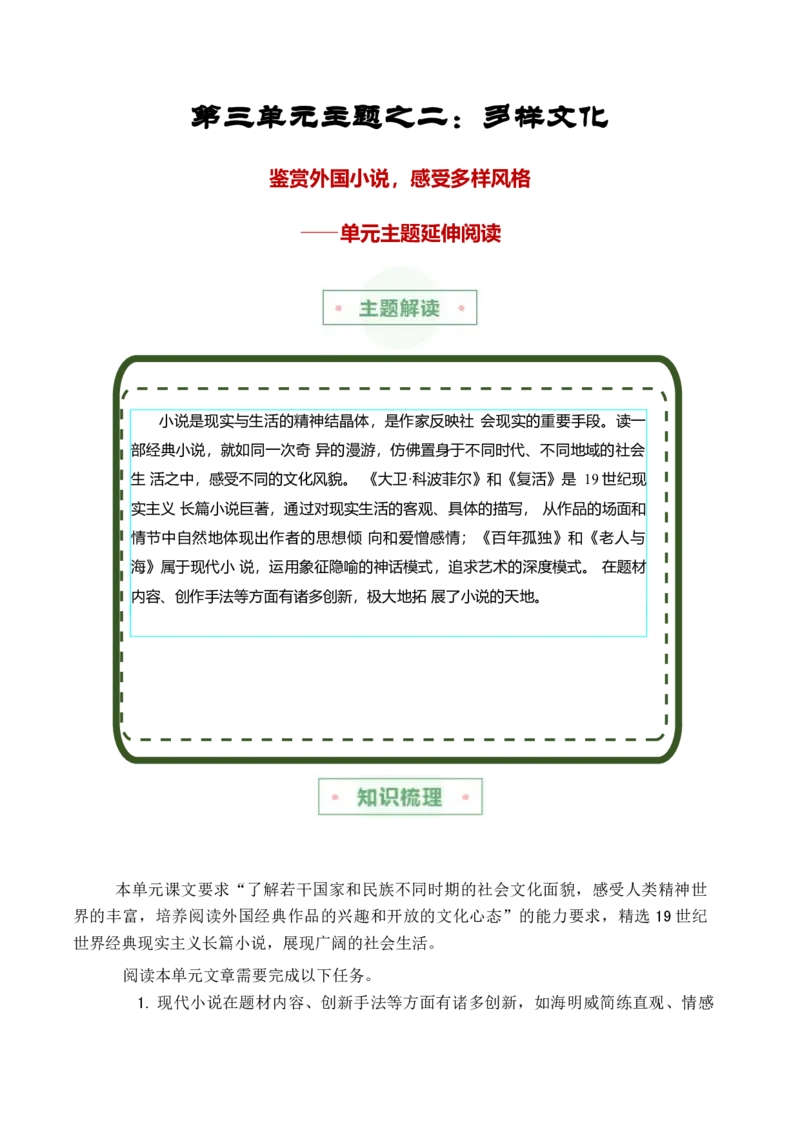 第三单元主题之二：多样文化（鉴赏外国小说，感受多样风格）（统编版）学生版_高语_高中语文_选择性必修上册_单元阅读