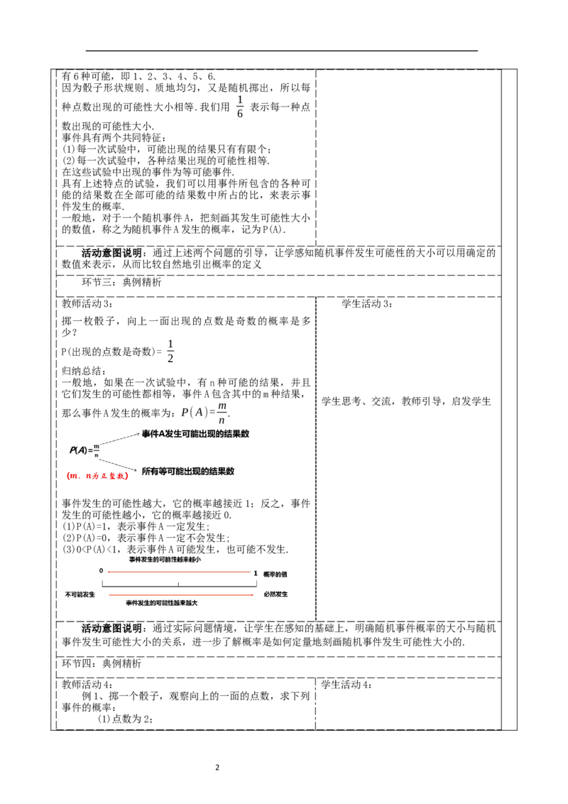 25.1.2概率教学设计_初中数学人教版_9上-初中数学人教版_01课件+教案（配套）_课件+教案大单元教学_教案
