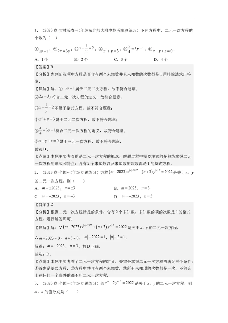8.1二元一次方程组(解析版）_初中数学人教版_7下-初中数学人教版_7下-初中数学人教版（旧版）赠送_07专项讲练_8.1二元一次方程组