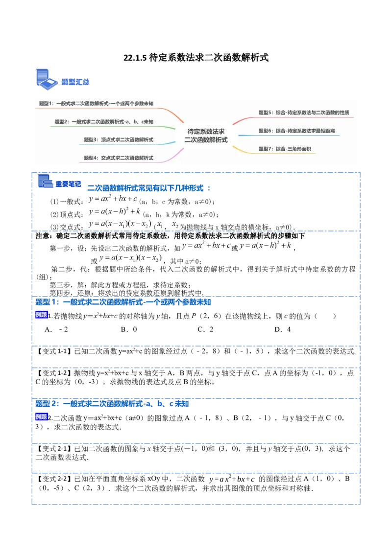 22.1.5待定系数法求二次函数解析式(讲+练)7种题型-2023考点题型精讲（原卷版）_初中数学人教版_9上-初中数学人教版_07专项讲练