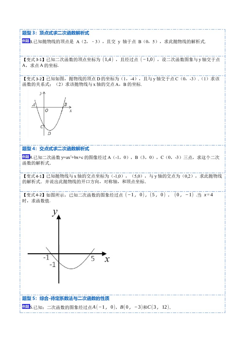 22.1.5待定系数法求二次函数解析式(讲+练)7种题型-2023考点题型精讲（原卷版）_初中数学人教版_9上-初中数学人教版_07专项讲练