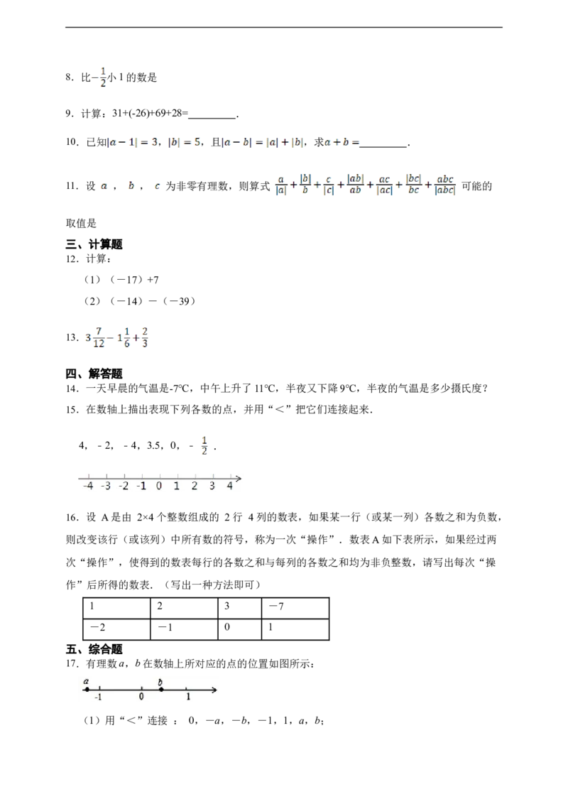 2.1有理数的加法与减法综合题（含答案）_初中数学人教版_7上-初中数学人教版_7上-初中数学人教版（新版）_06习题试卷_同步练习_同步练习+章节练习