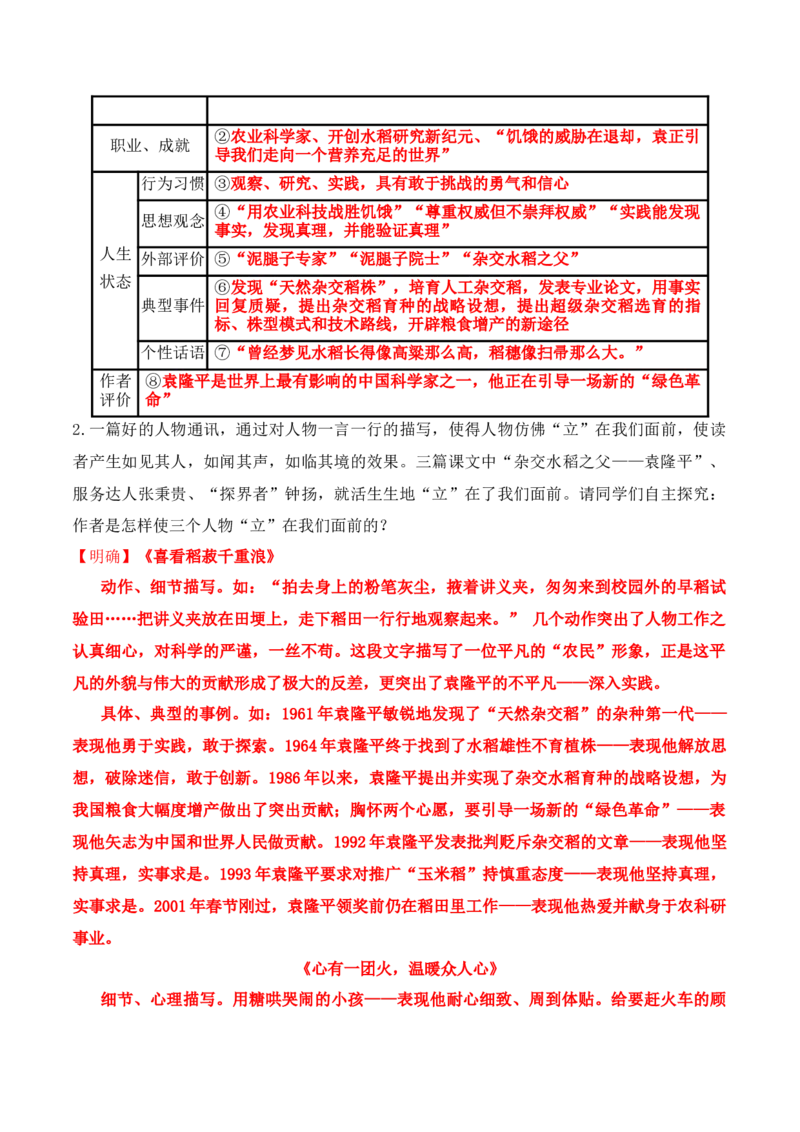 第4课《喜看稻菽千重浪》《心有一团火，温暖众人心》《&ldquo;探界者&rdquo;钟杨》（学生版）-2023年高一语文同步精品讲义（必修上册）_高语_1高中语文同步精品讲义（必修上册）