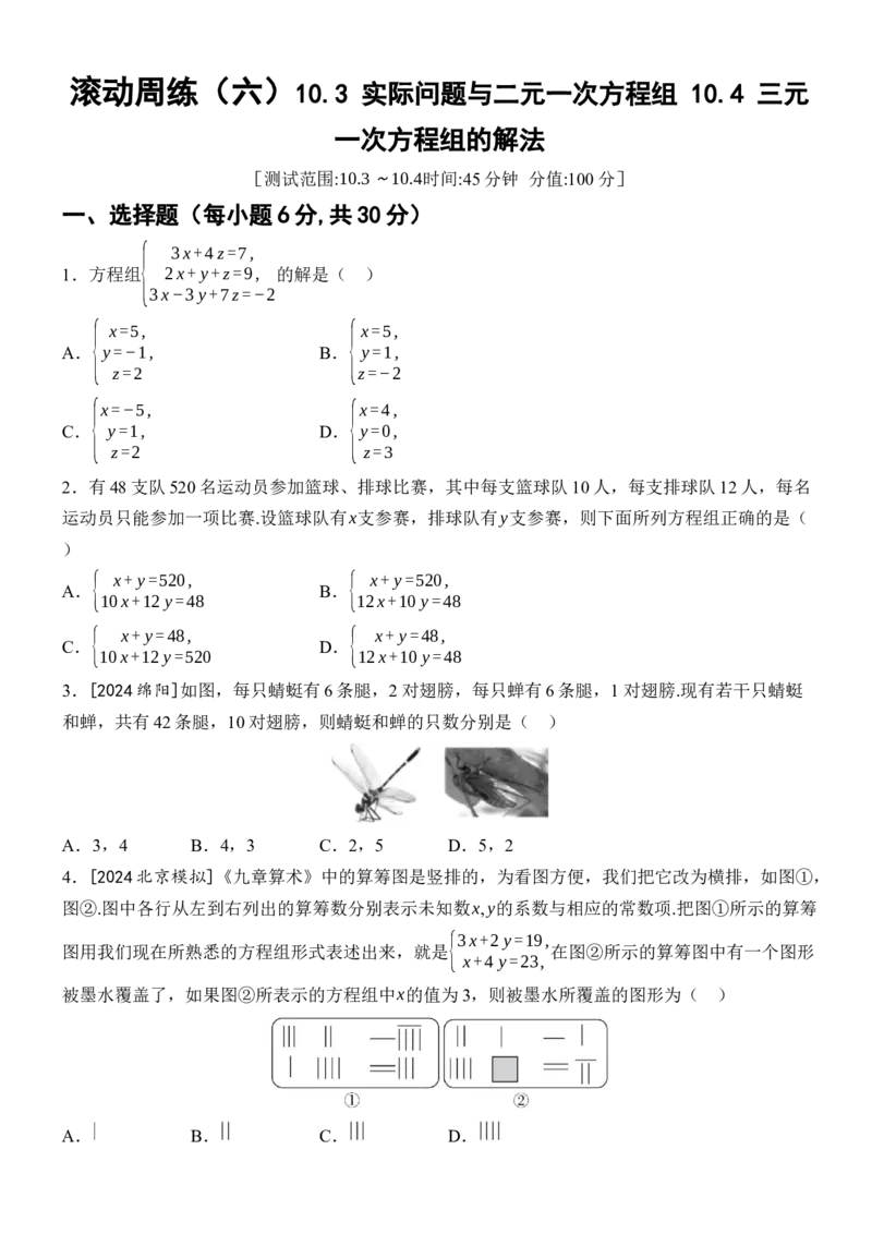 [22004402]滚动周练（六）10.3实际问题与二元一次方程组10.4三元一次方程组的解法2024-2025学年数学人教版七年级下册_初中数学人教版_7下-初中数学人教版_05习题试卷_同步练习_第1套