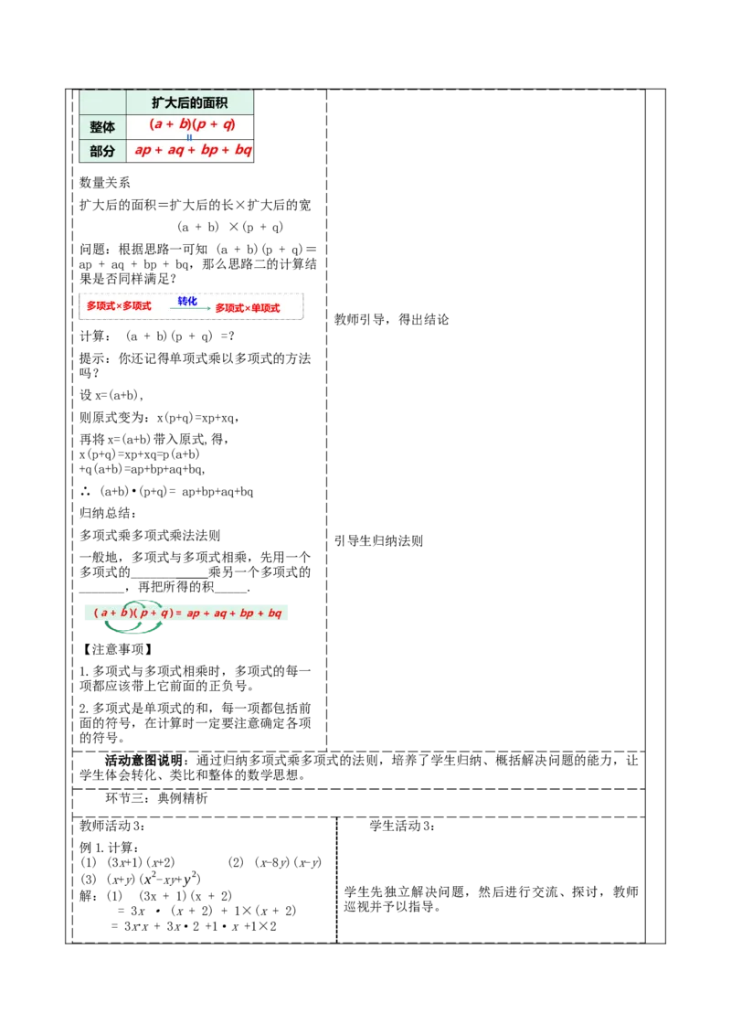 《14.1.4.3多项式乘多项式》教学设计_初中数学人教版_8上-初中数学人教版_旧版_01课件+教案（配套）_课件+教案大单元教学